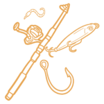 line illustrations of fishing equipment